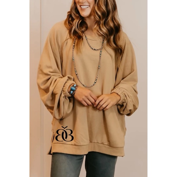 POL Mocha Criss Cross Back Slouchy French Terry Pullover